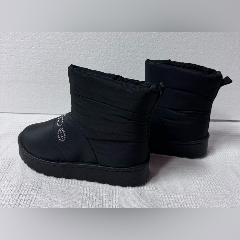 bebe Girls Black Puffer Winter Boots with Crystal Logo Sizes 1-2-3 - Picture 2 of 11